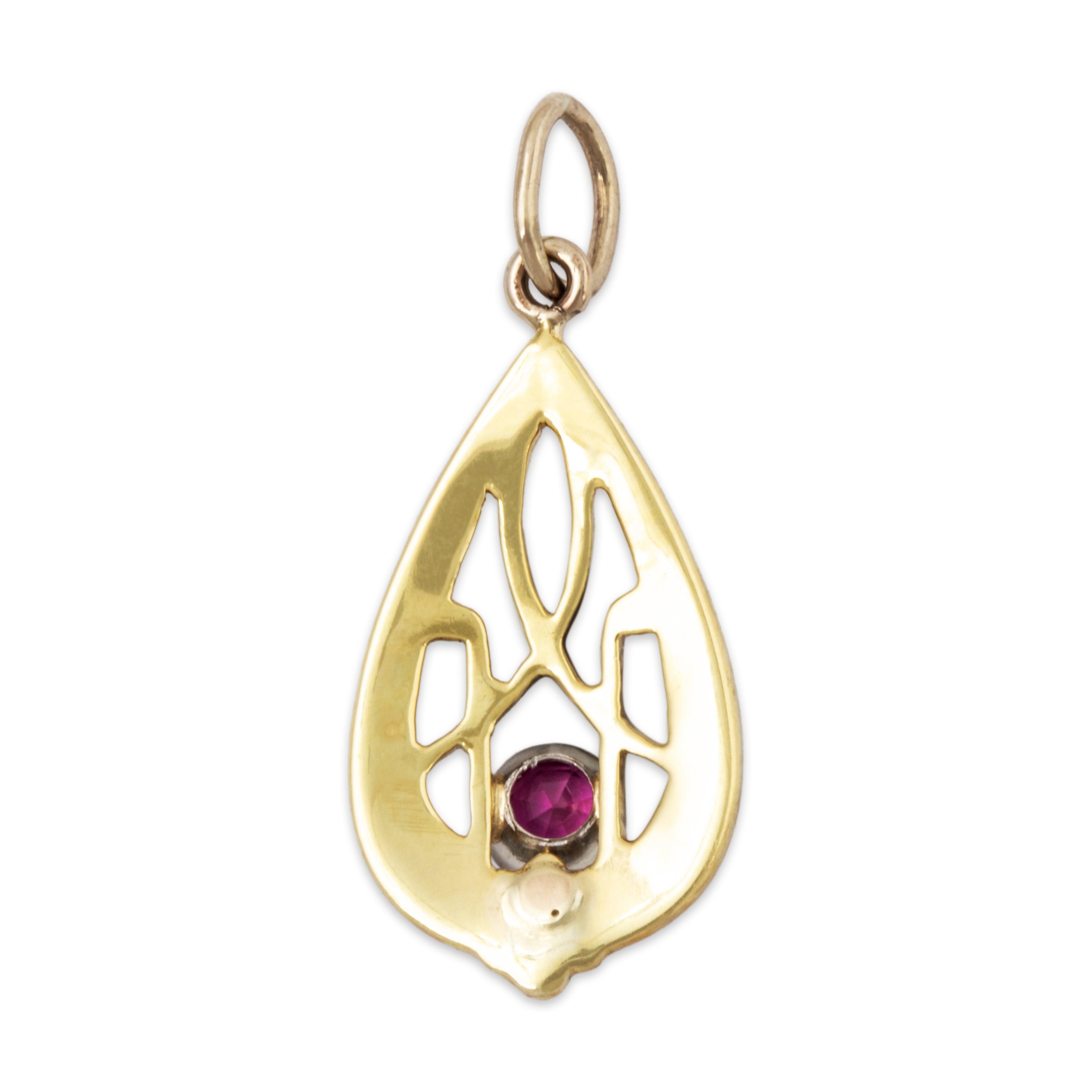 Antique Art Deco 14k White & Yellow Gold Synthetic Ruby Engraved Charm / Pendant、mySite、hinf8tx79