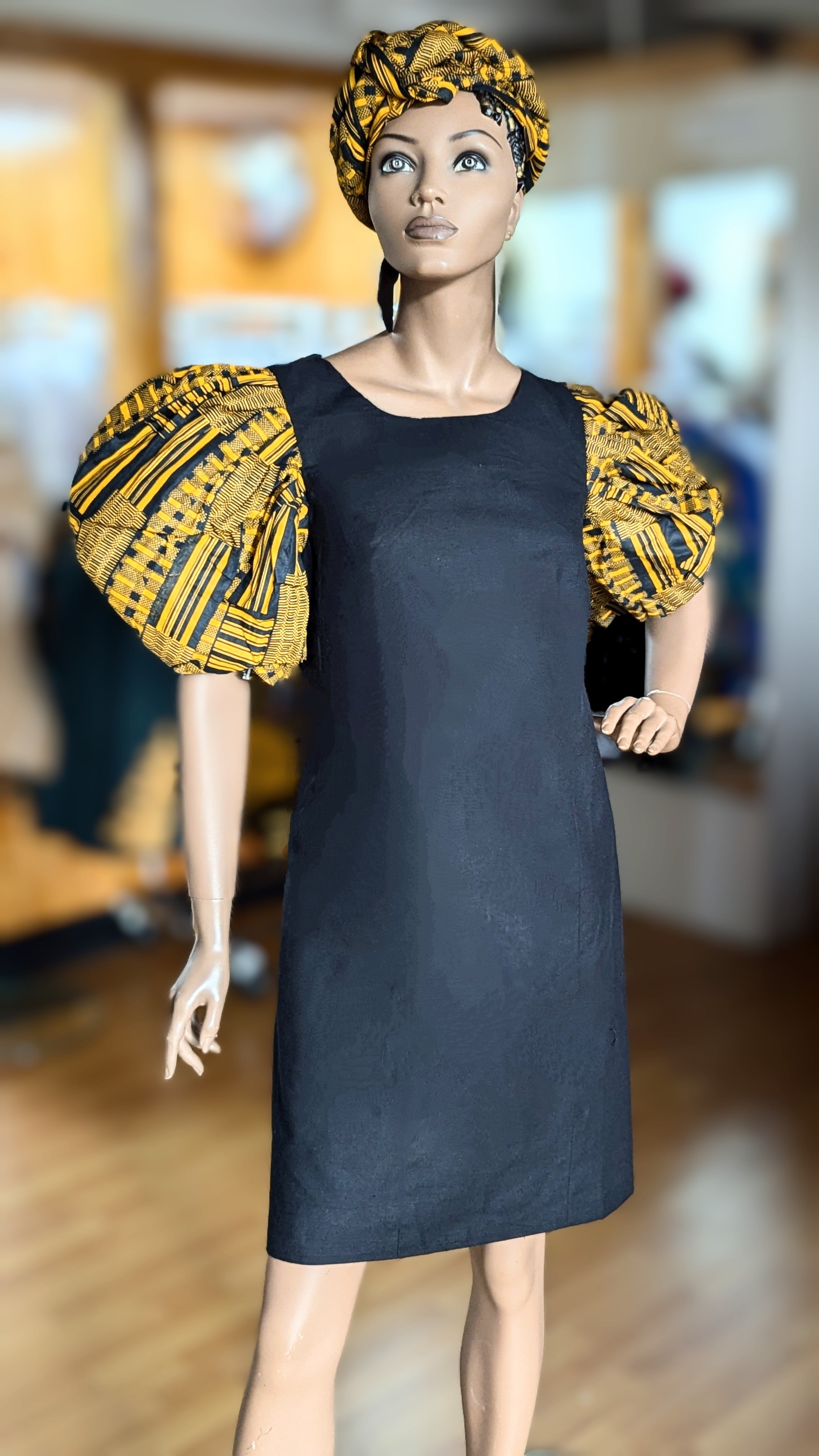 Dupsie's Nyame Nti Kente Black and Gold African Print A-Line Dress DP4091D、mySite、solidvoid