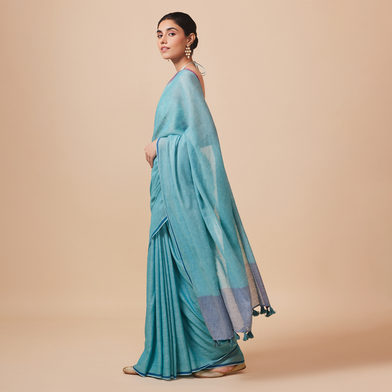 Cotton Printed Saree with Blouse | Aqua Blue、mySite、camillekostekn