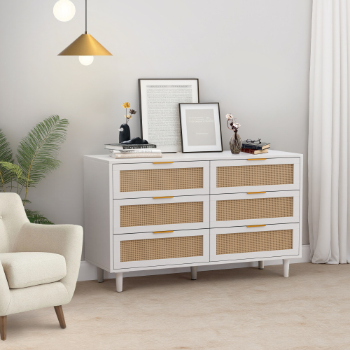 51.18"6-Drawers Rattan Storage Cabinet Rattan Drawer,for Bedroom,Living Room,Natural (Same SKU:W757P198980)、、casual