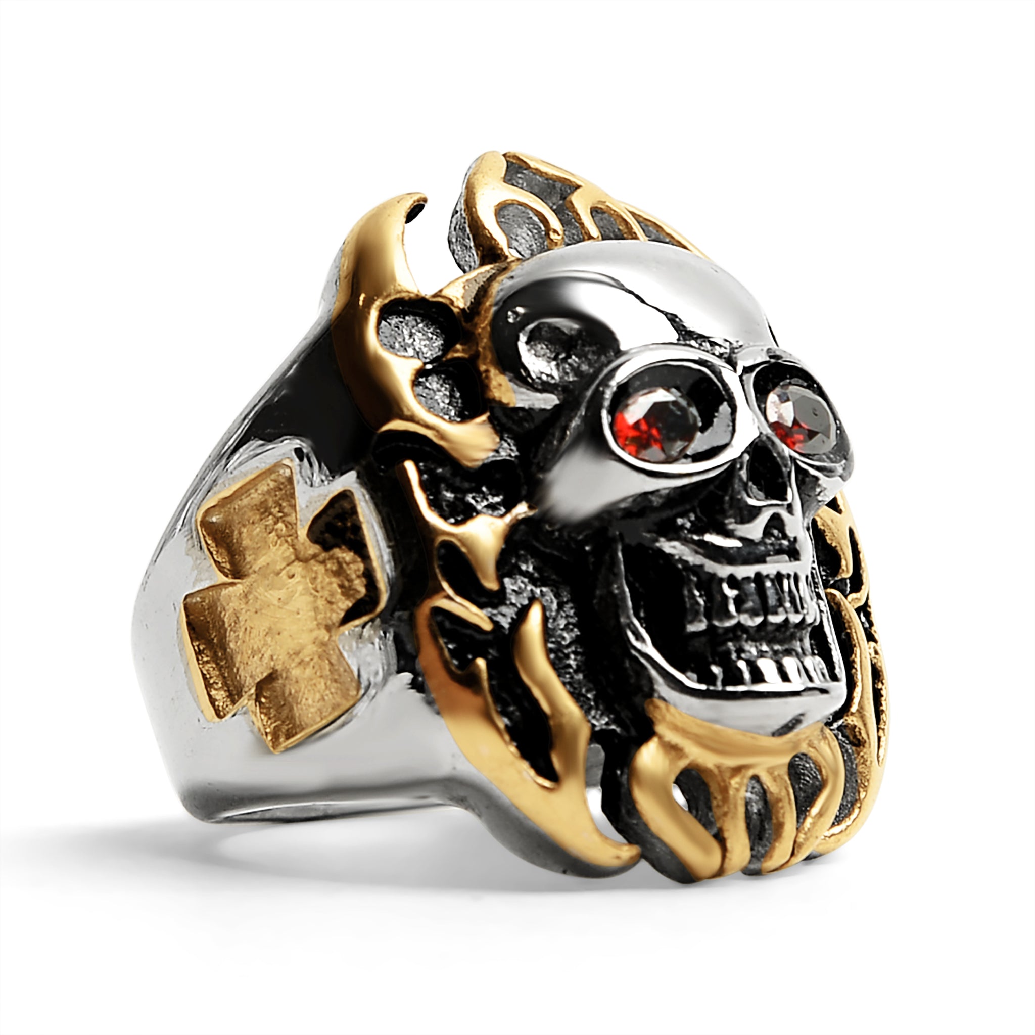 Stainless Steel Red CZ Eyed Flaming Skull With 18K Gold PVD Coated Accents Ring / SCR0250、mySite、dreamappss