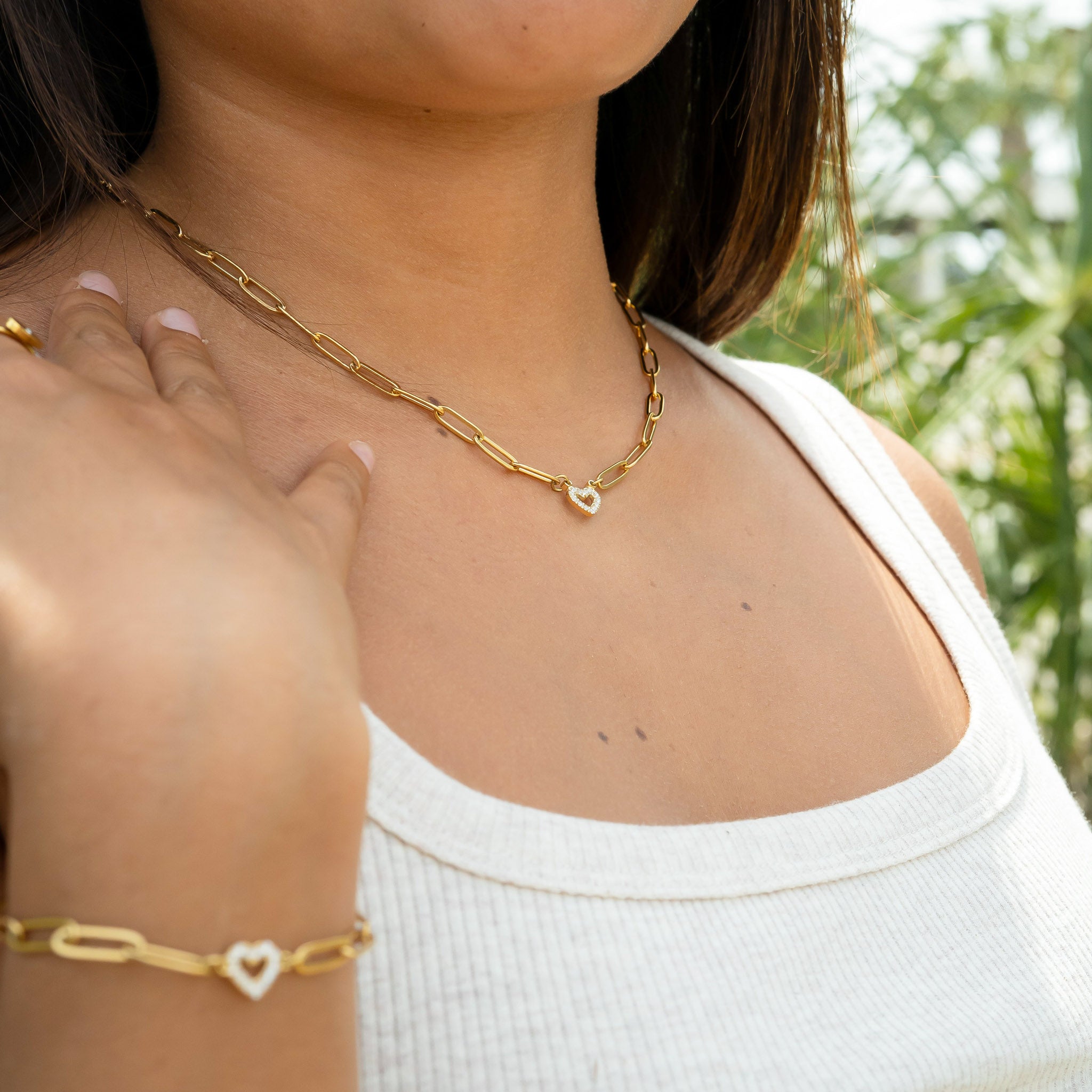 18K Gold PVD Stainless Steel Stone Heart Paperclip Chain Necklace / CHN9976、mySite、dreamappss