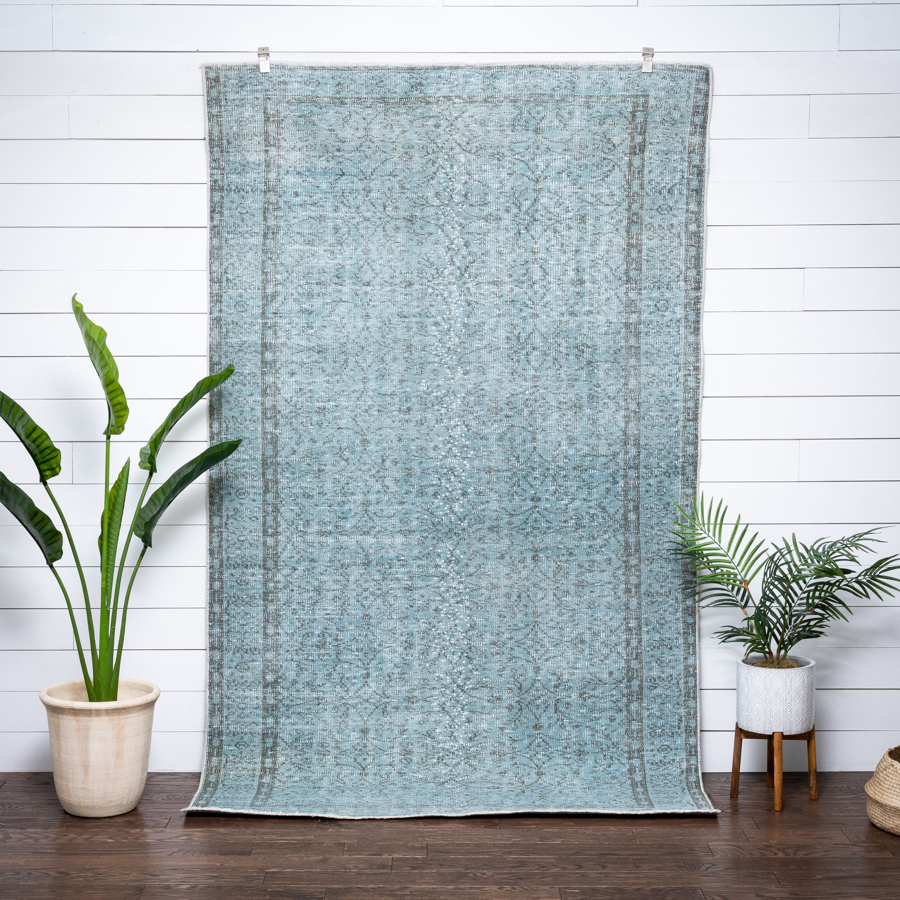Ardin Light Blue Overdyed Floral Botanical Border Pattern One-of-a-Kind Handmade Wool Area Rug 5'6 x 9'、mySite、gigharbornorthrealestate
