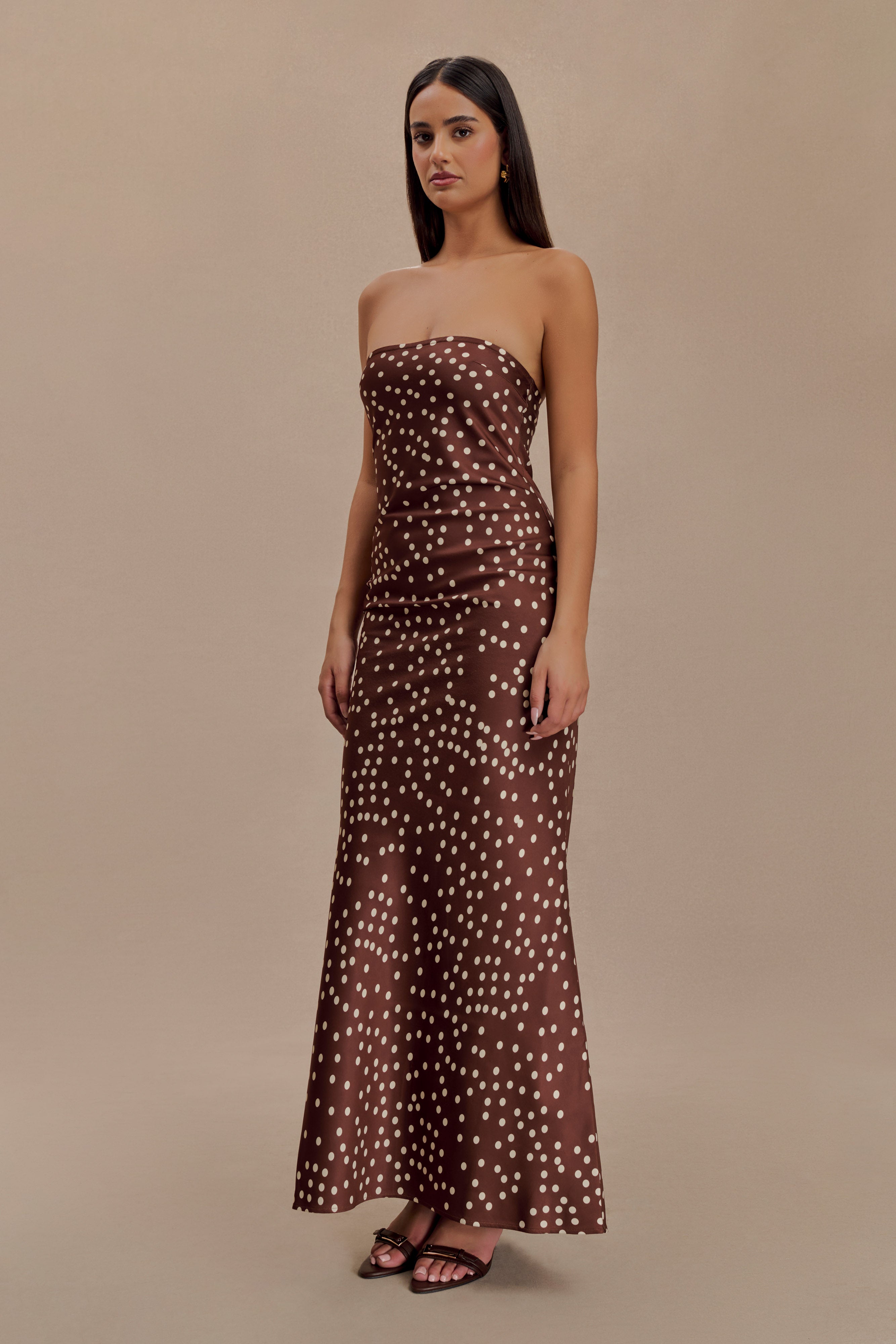 Claudette Strapless Satin Maxi Dress - Brown Polka Dot Print、mySite、solidvoid