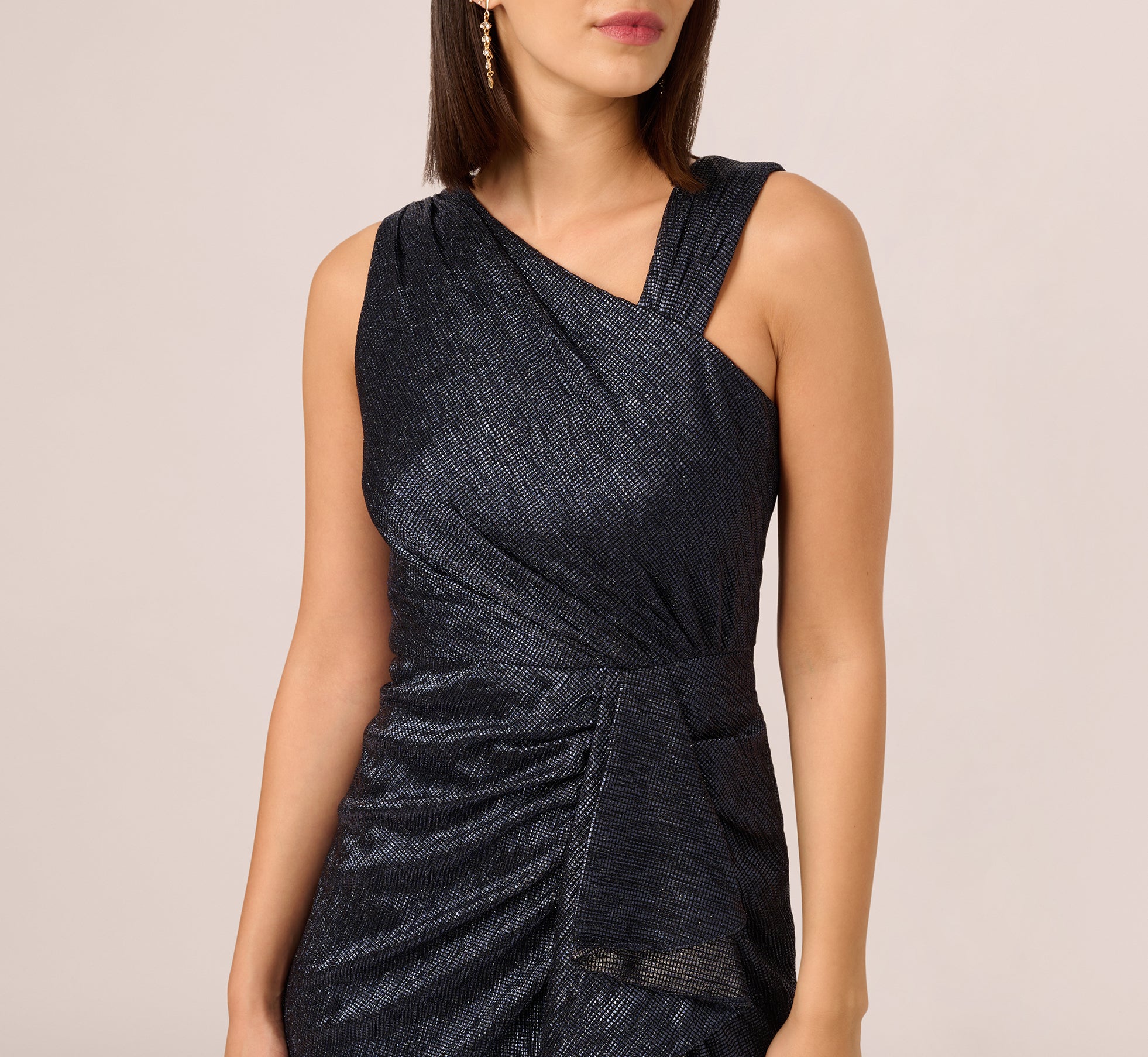 Draped Metallic Foil Long Dress In Navy、mySite、solidvoid