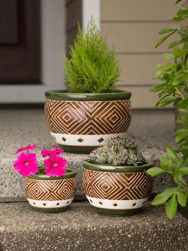 Jade & Sand Geometric Pattern Planter Pots Set of 3、mySite、g9winljtr