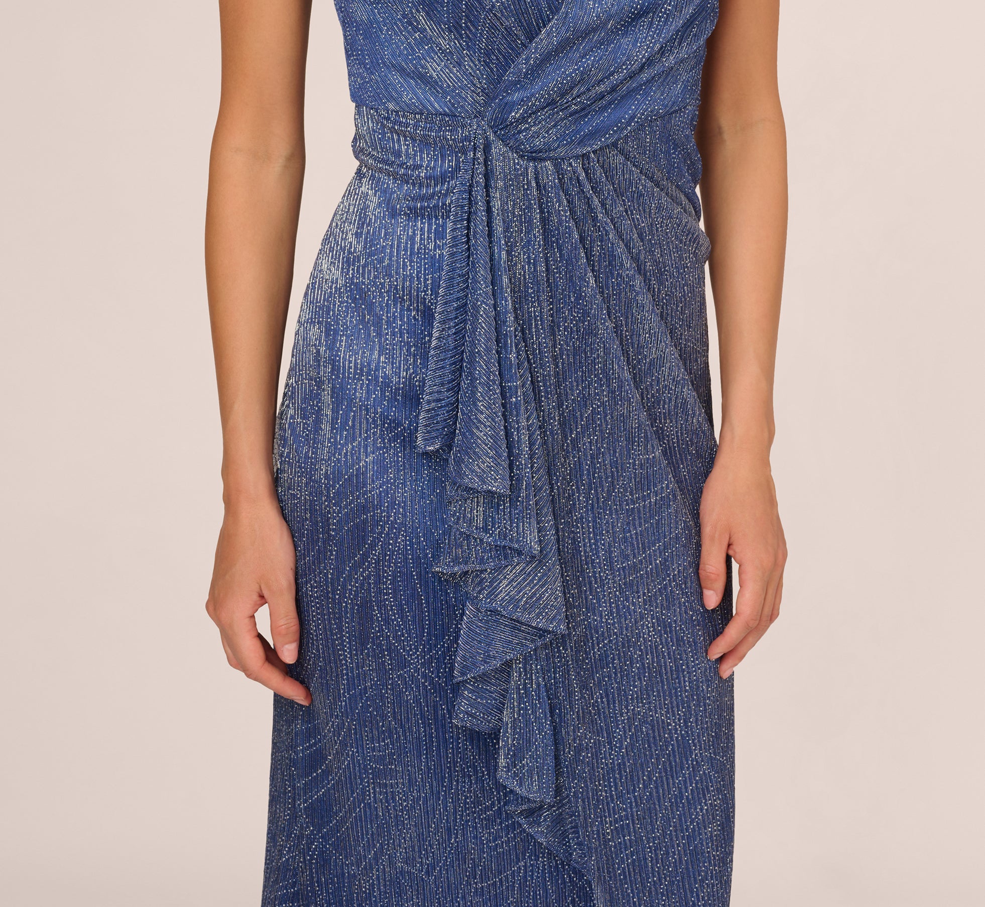 Metallic Mesh Faux Wrap Gown With Ruffle Accents In Light Navy、mySite、solidvoid