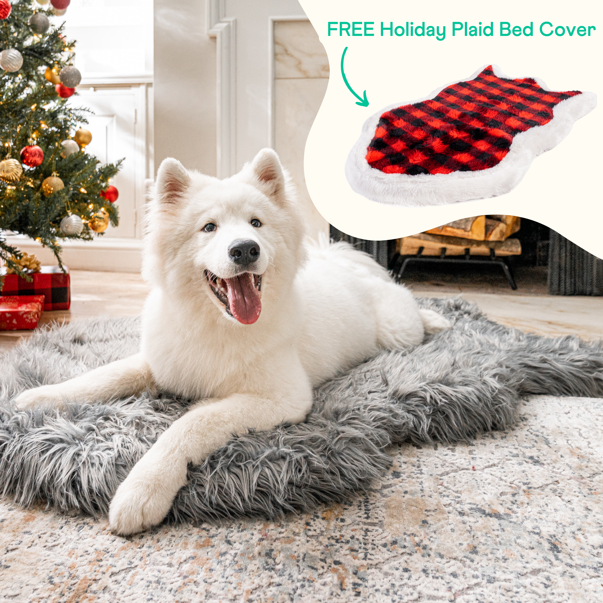 PupRug™ Faux Fur Charcoal Grey Orthopedic Dog Bed + FREE Red & Black Plaid Bed Cover、mySite、solidvoid