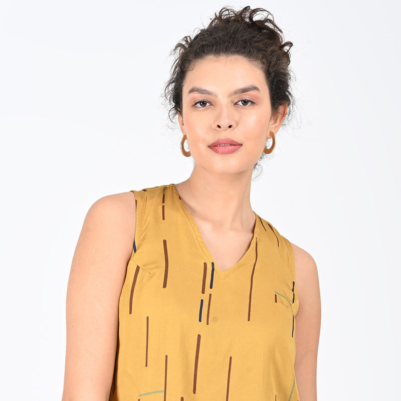 Modal Printed Co Ord Set For Women | Top & Trouser | V Neck | Mustard & Black、mySite、camillekostekn