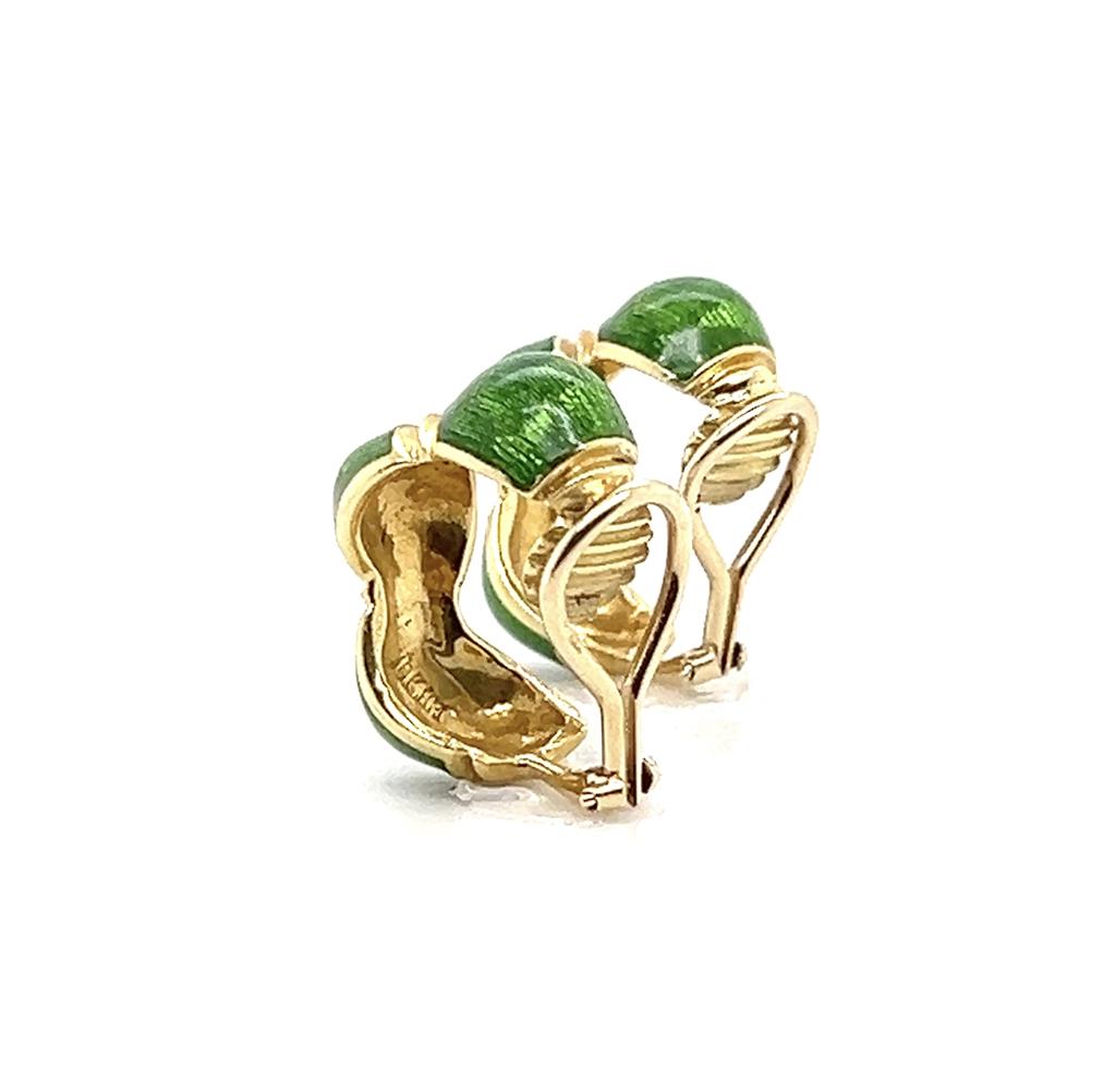  Estate 18K Yellow Gold Green Enamel Clip On Hoop Earrings