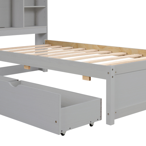 Modern Twin Size Bed Frame With Built-in USB Port on Bookcase Headboard and 2 Drawers for Walnut Color、、xpatfood