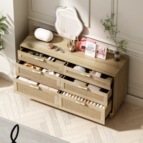 51.18"6-Drawers Rattan Storage Cabinet Rattan Drawer,for Bedroom,Living Room,Natural (Same SKU:W757P198980)、、casual