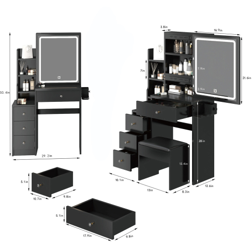 29.2" Small Size Left Bedside Cabinet Vanity Table + Cushioned Stool, Large Sliding, Touch Control, Tri-color Switching, Brightness Adjust LED Mirror, High Capacity Storage, Suitable for Small Space、、xpatfood