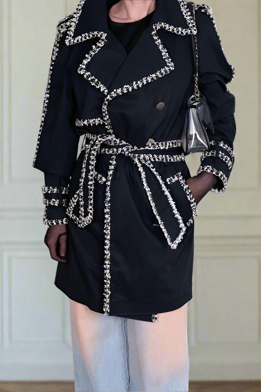 Chanel Vintage Black Trench Coat with Tweed and Chain-Link Trim Rare、mySite、garminoutage.com