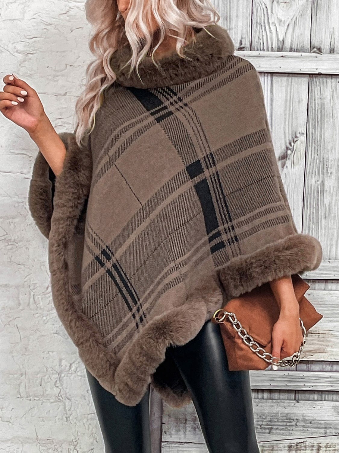 Plaid Faux Fur Trim Poncho、mySite、g9winljtr
