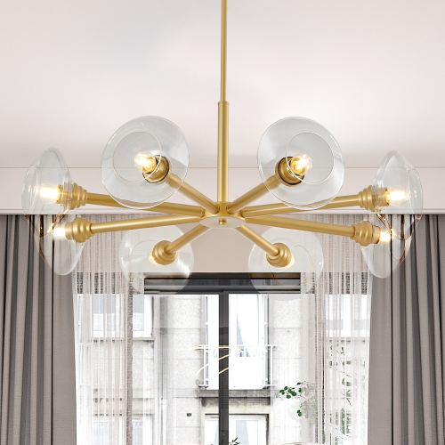 26" Modern Gold 5-Light Sputnik Chandelier with Clear Glass Shades, Mid-Century Hanging Pendant Light Fixture for Dining Room, Living Room, or Kitchen (Bulb Not Included)、、eastwooduniform
