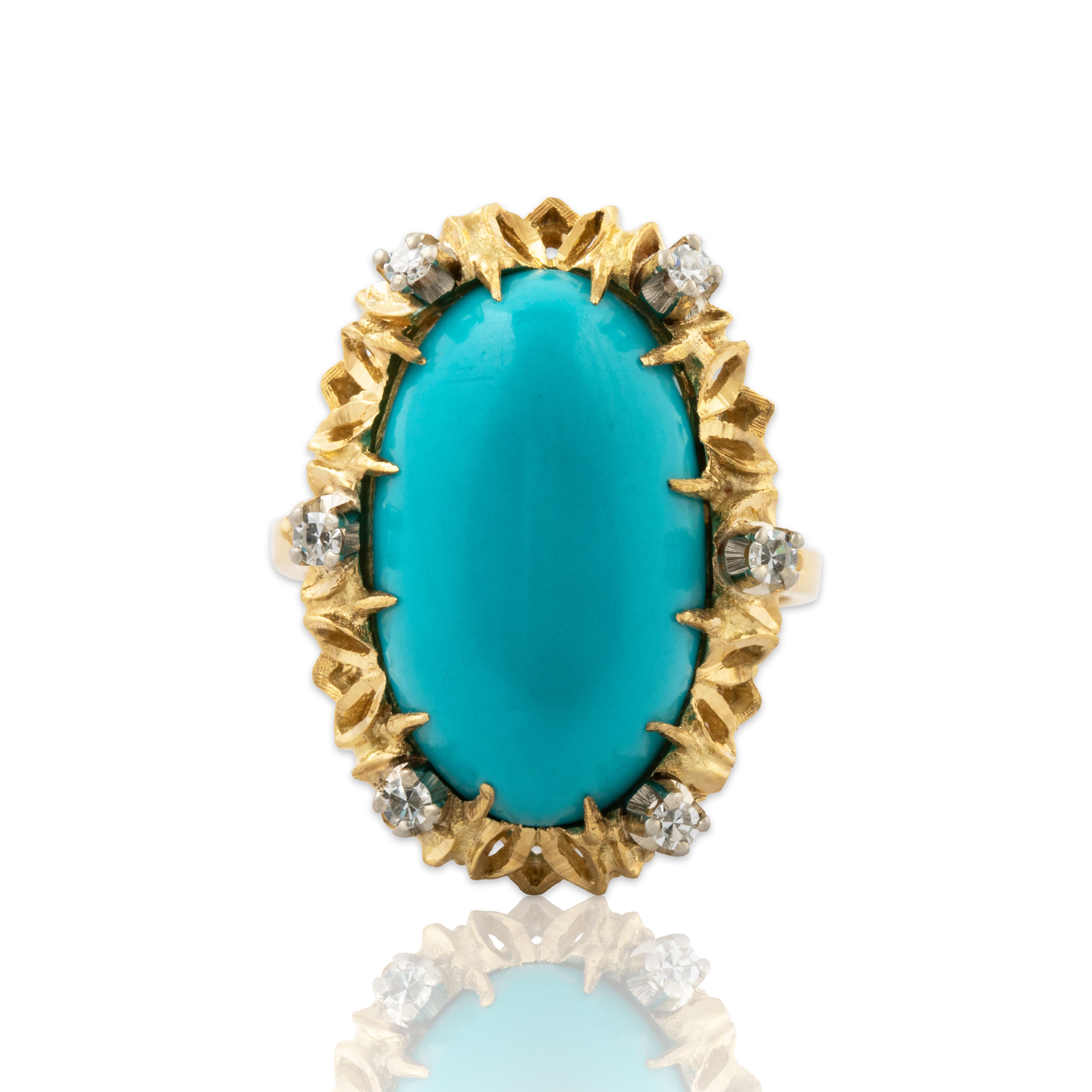 Vintage Large 18k Yellow Gold 10.2ct Turquoise .21cttw Diamond Brutalist Ring、mySite、hinf8tx79