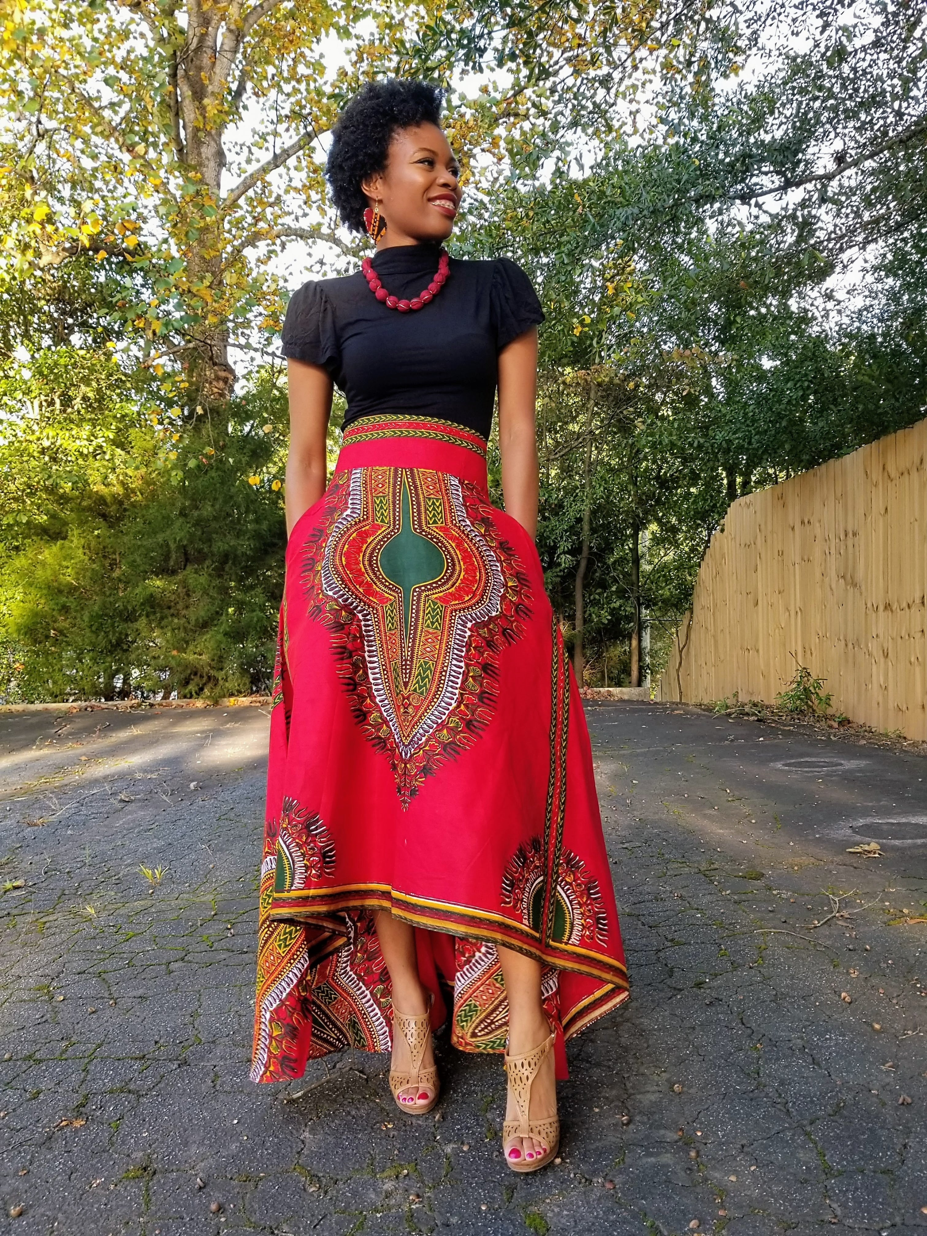 Red High Waist African Print Dashiki Skirt-DP3975HL、mySite、solidvoid
