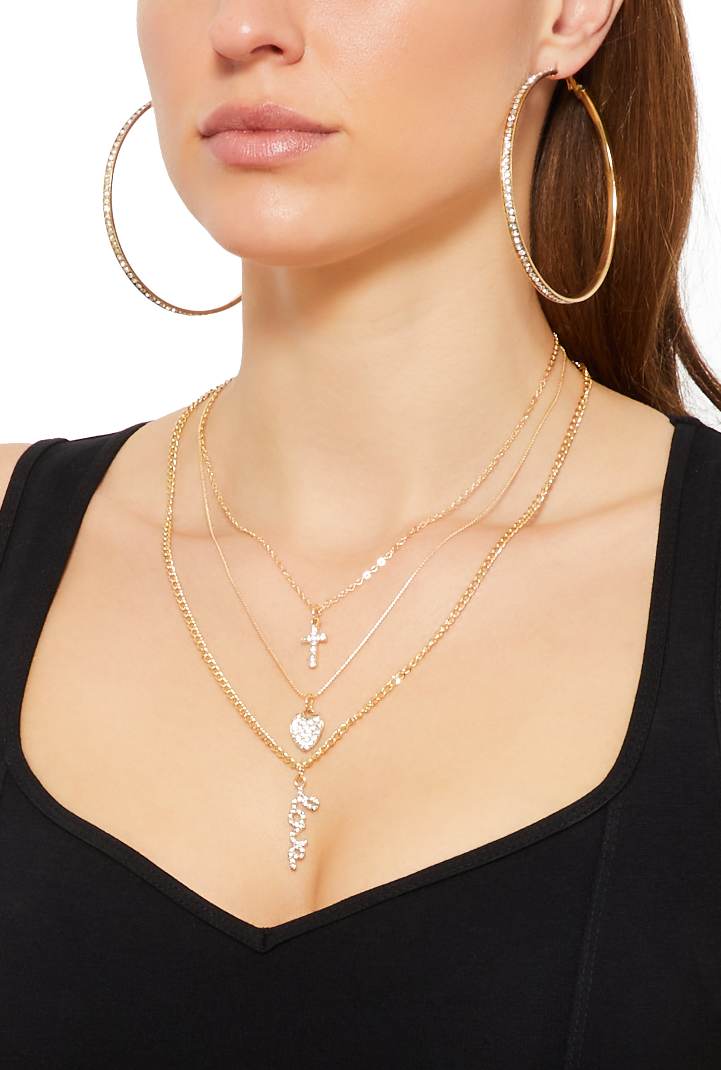 Love Rhinestone Layered Necklace and Hoop Earrings、mySite、camillekostekn