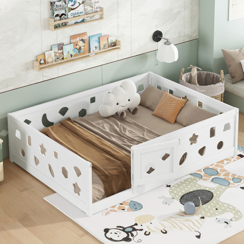 Twin Size Floor Bed with Heightened Safety Guardrails and Door, Solid Wood Bedframe with Rails for Girls, Boys, Teens, Child Bedroom, Kids Playroom, No Slats Included, White、、casual