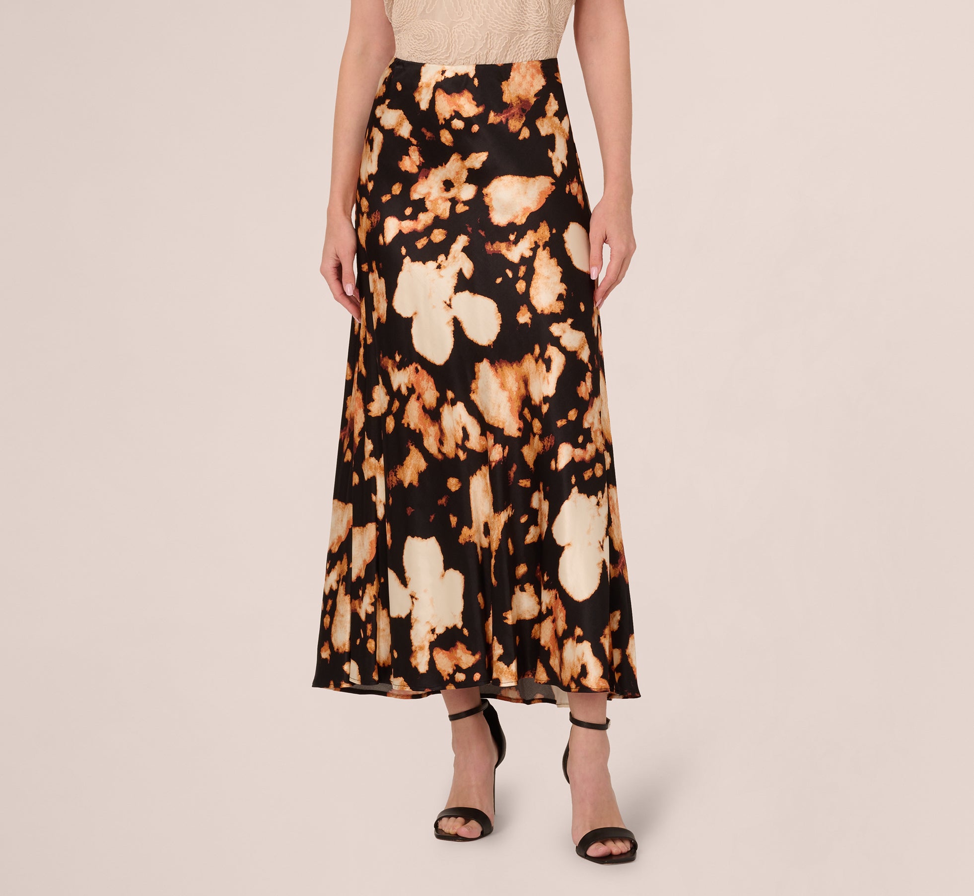 Printed Satin A Line Maxi Skirt In Black Eclipse、mySite、solidvoid