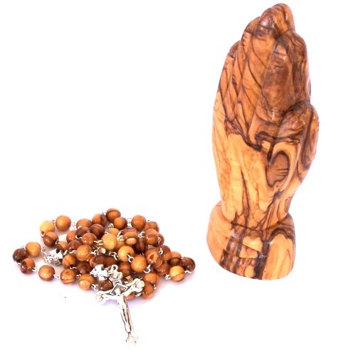 Olive Wood Rosary - With Red Velvet Bag and a Medium olive wood Praying Hands、mySite、elrpsem3k