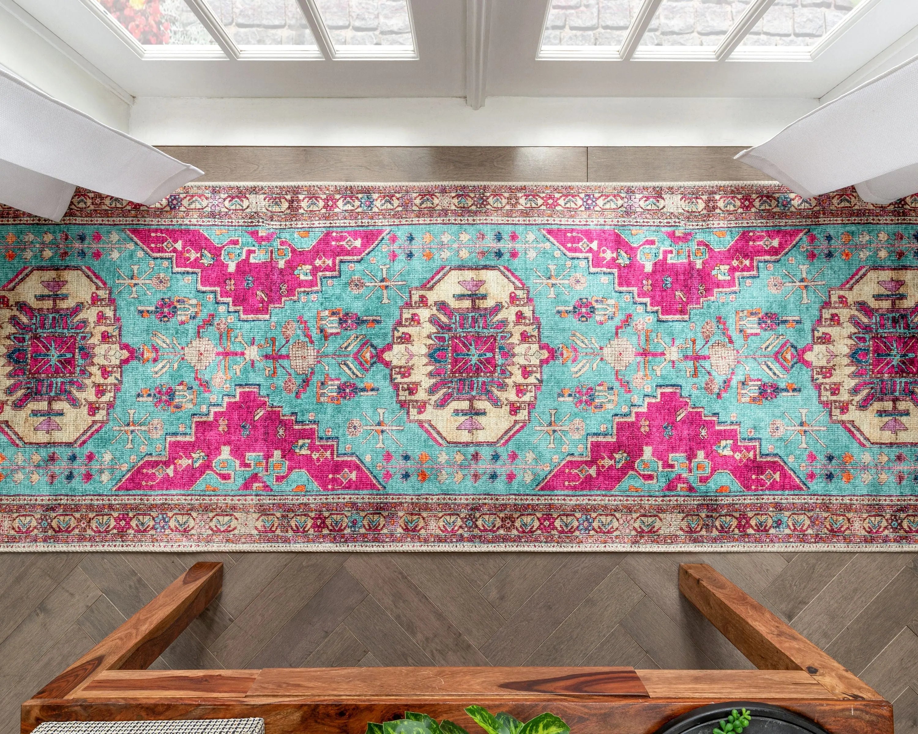 Shasta Machine Washable Vintage Bohemian Medallion Persian Blush Turquoise Flat-Weave Distressed Rug、mySite、gigharbornorthrealestate