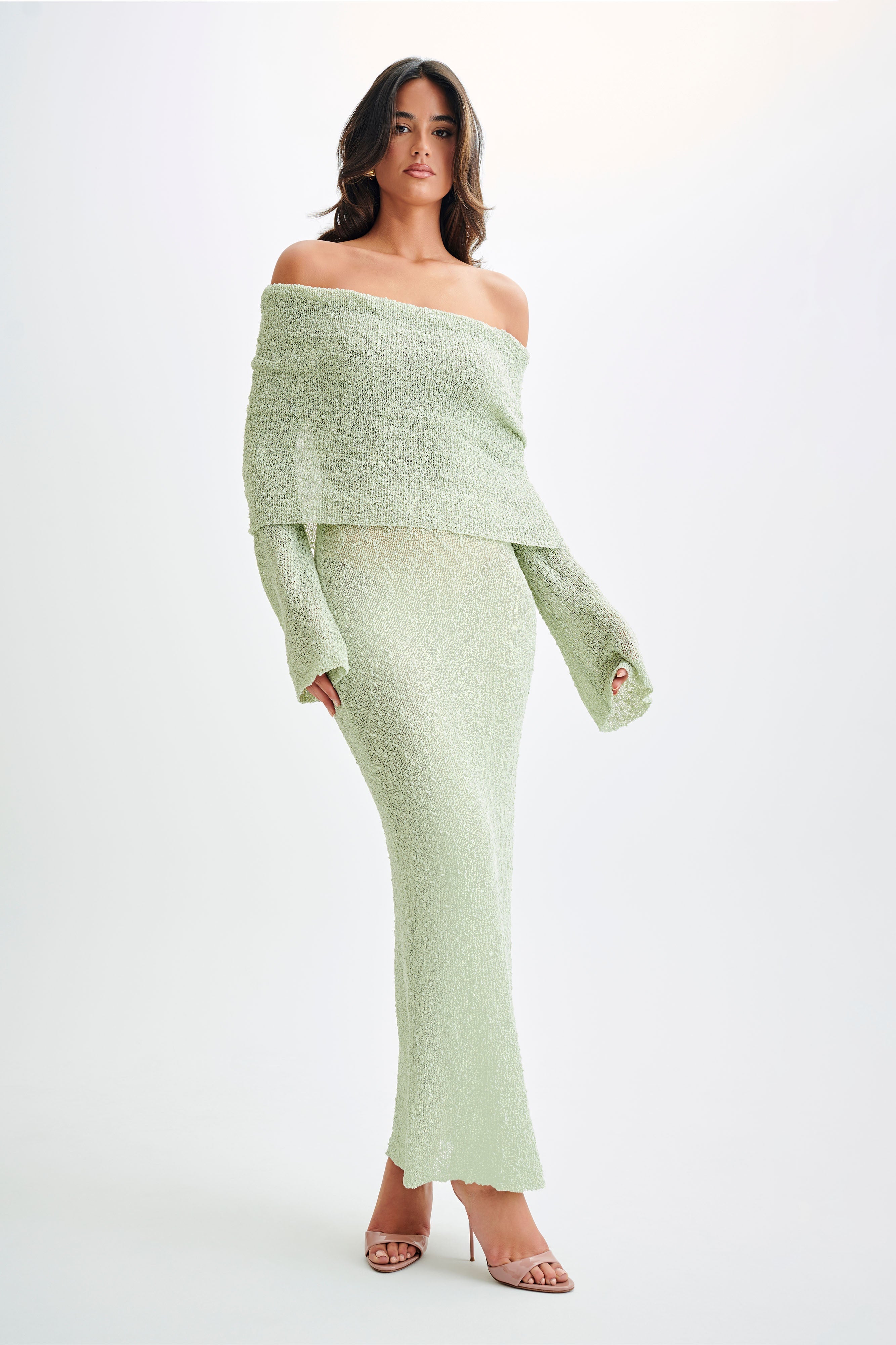 Marisol Off Shoulder Boucle Maxi Dress - Pastel Green、mySite、solidvoid