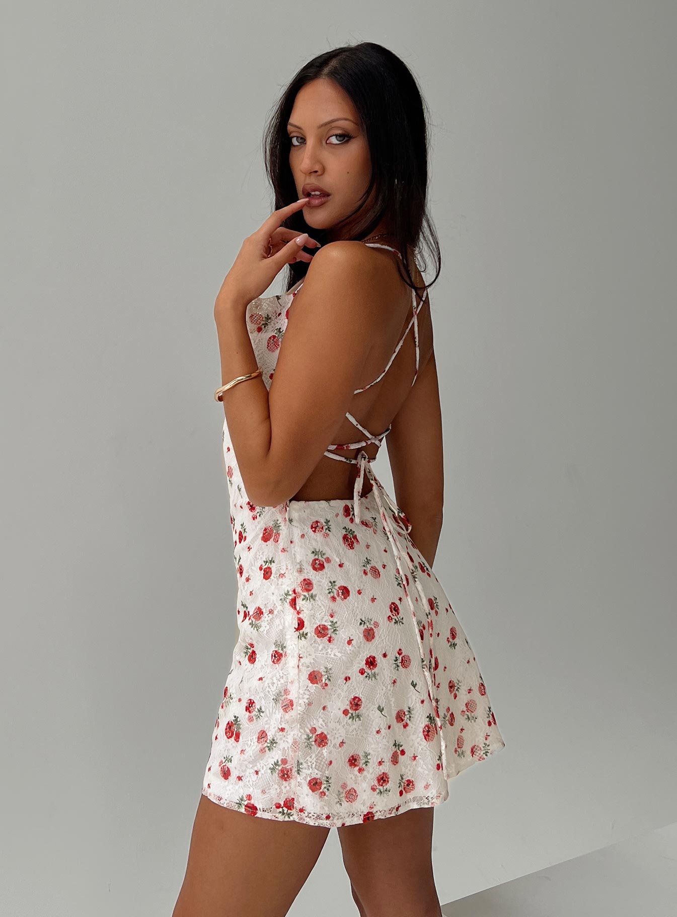 Celena Lace Mini Dress White / Red Floral、mySite、solidvoid