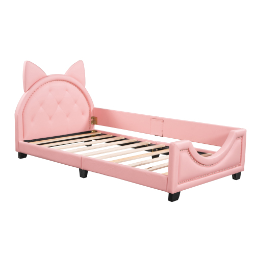 Twin Size Upholstered Daybed with Carton Ears Shaped Headboard, Pink、、casual