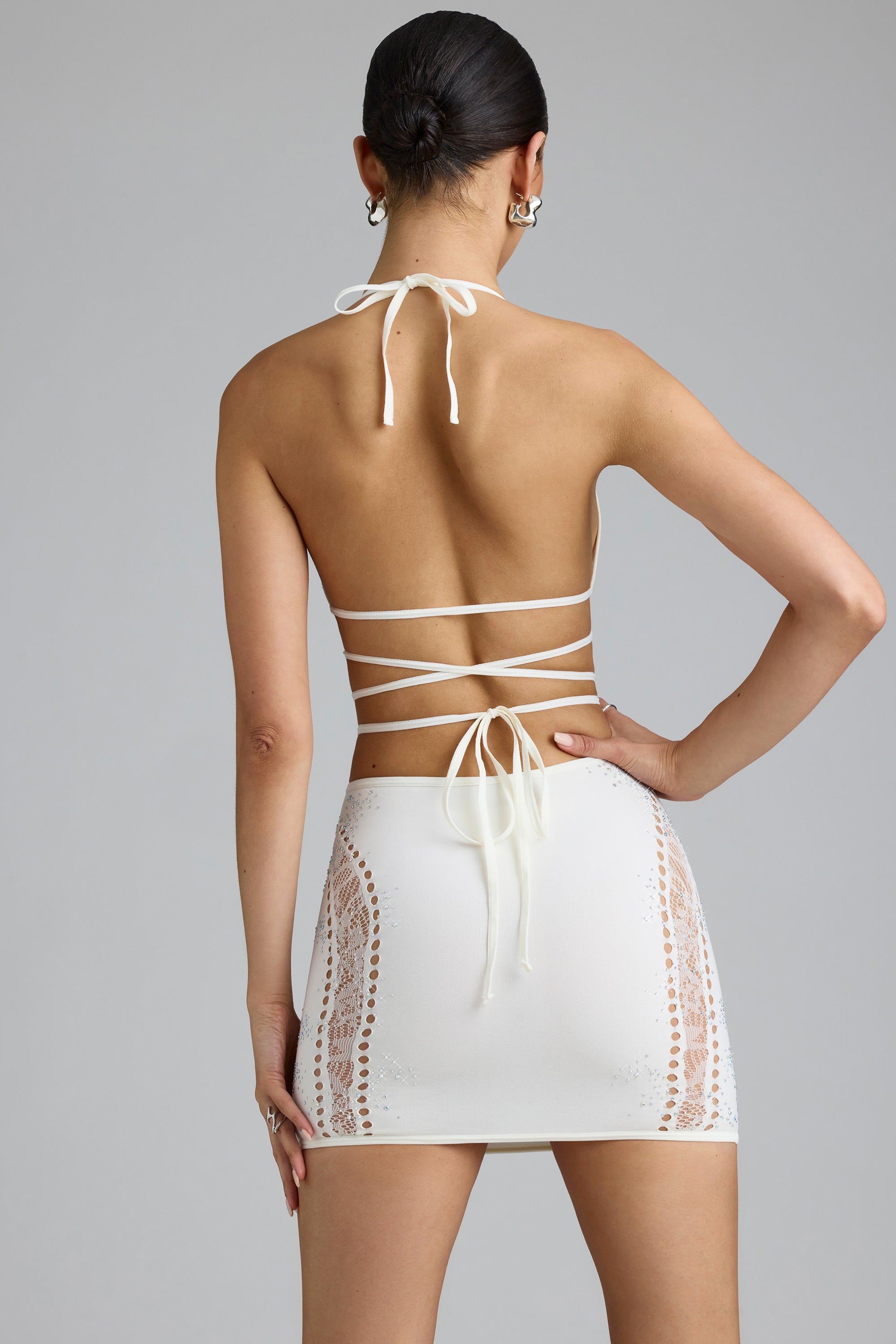 Embellished Cross-Strap Bikini Top in Ivory、mySite、solidvoid