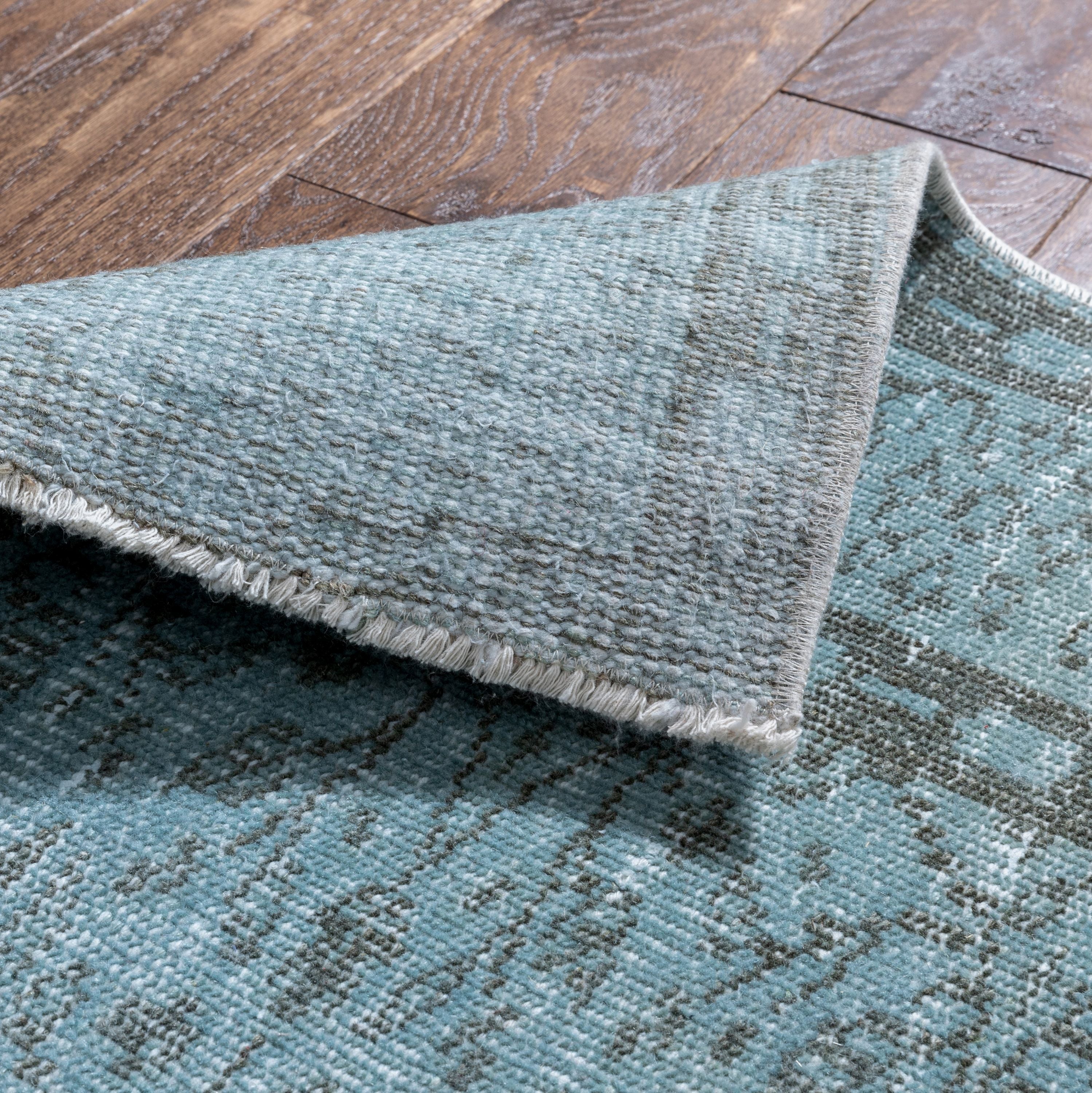 Ardin Light Blue Overdyed Floral Botanical Border Pattern One-of-a-Kind Handmade Wool Area Rug 5'6 x 9'、mySite、gigharbornorthrealestate