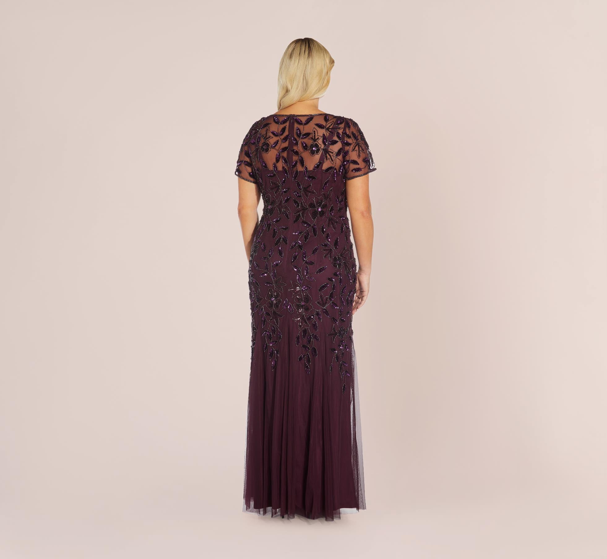 Plus Size Hand Beaded Short Sleeve Floral Godet Gown In Night Plum、mySite、solidvoid
