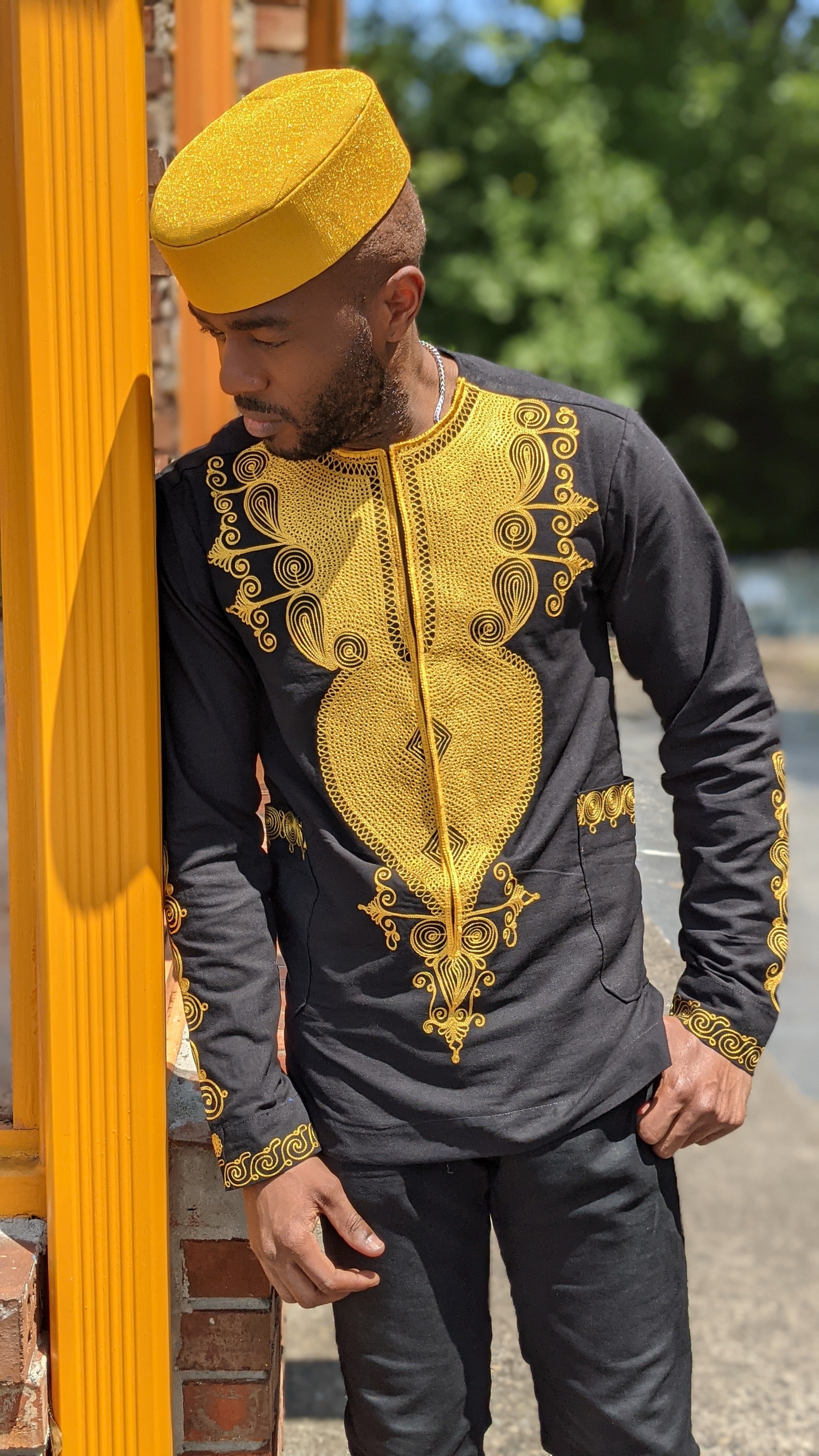 Lavelle Black and Gold Embroidered African Dashiki Shirt-DPLCM2、mySite、solidvoid