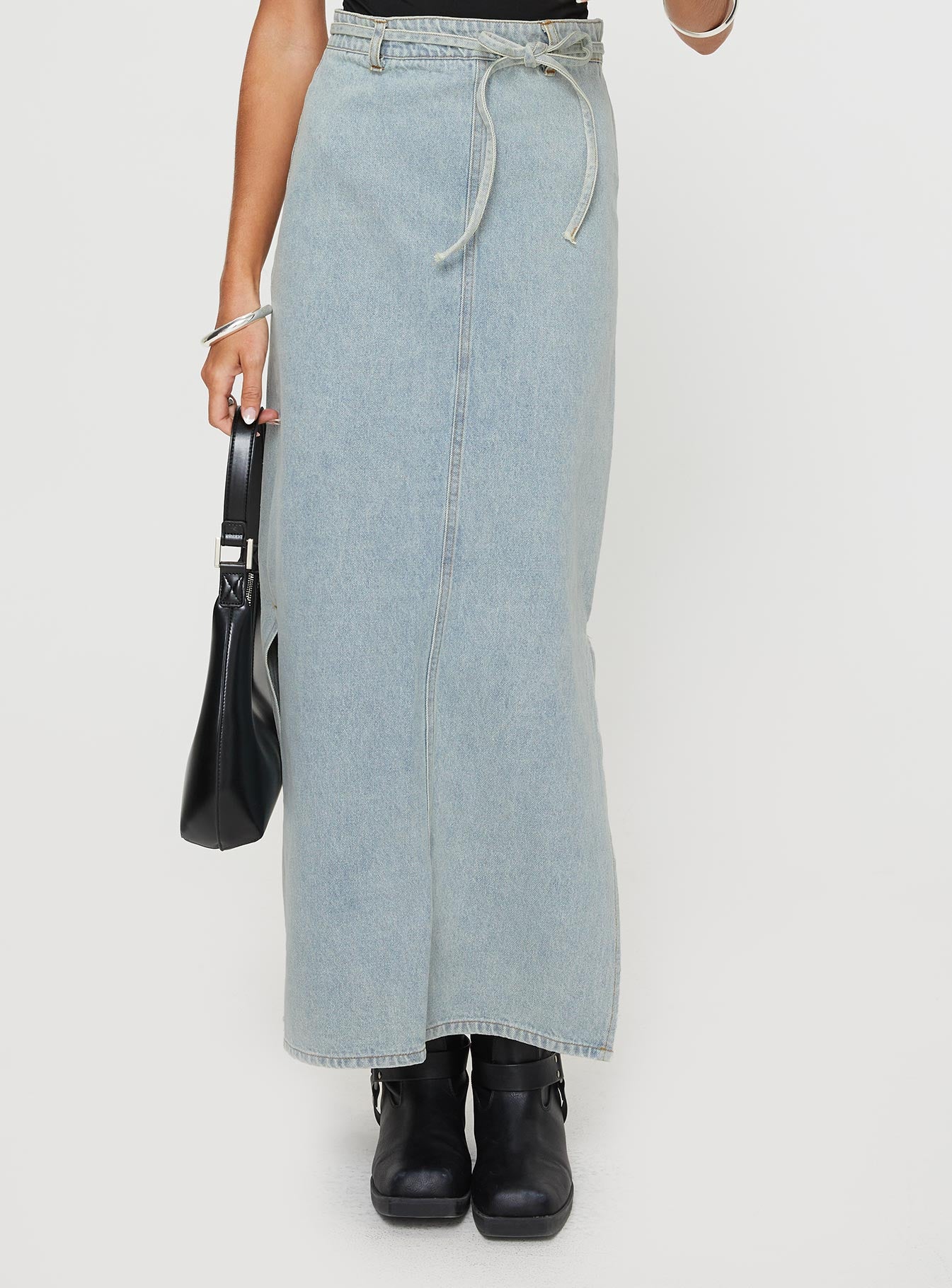 Brandee Tie Front Denim Maxi Skirt Light Wash、mySite、solidvoid