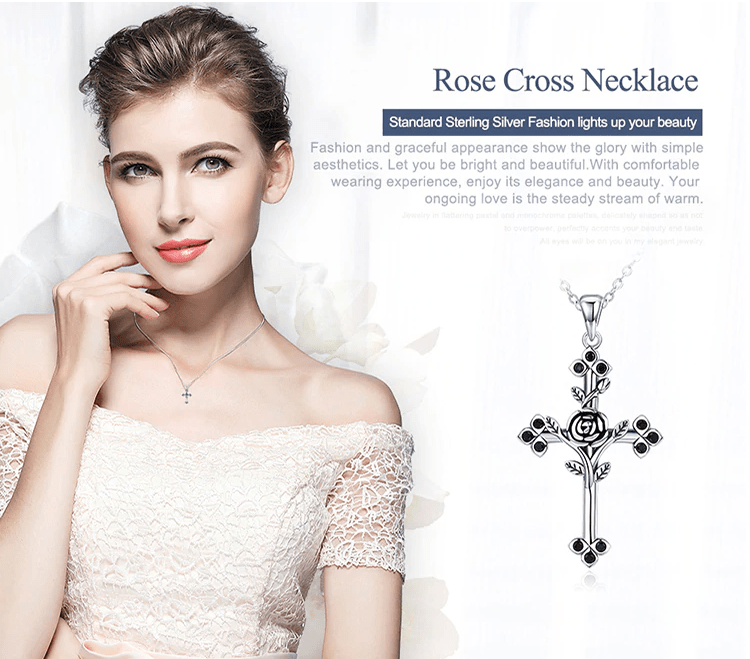Cross with Rose Black CZ Oxidized Sterling Silver Unique、mySite、g9winljtr