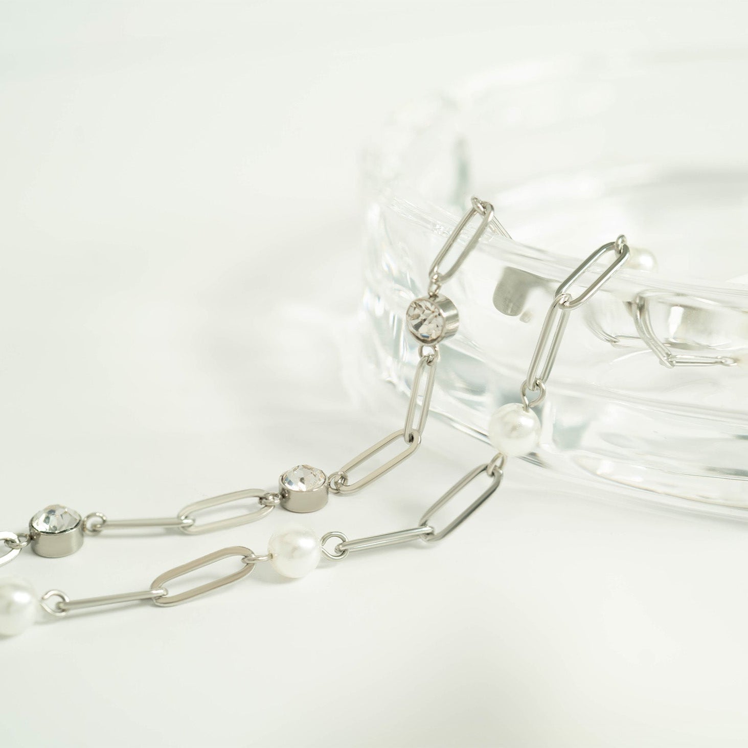 18K Gold PVD Stainless Steel Station Pearl Paperclip Bracelet / BRJ1023、mySite、dreamappss