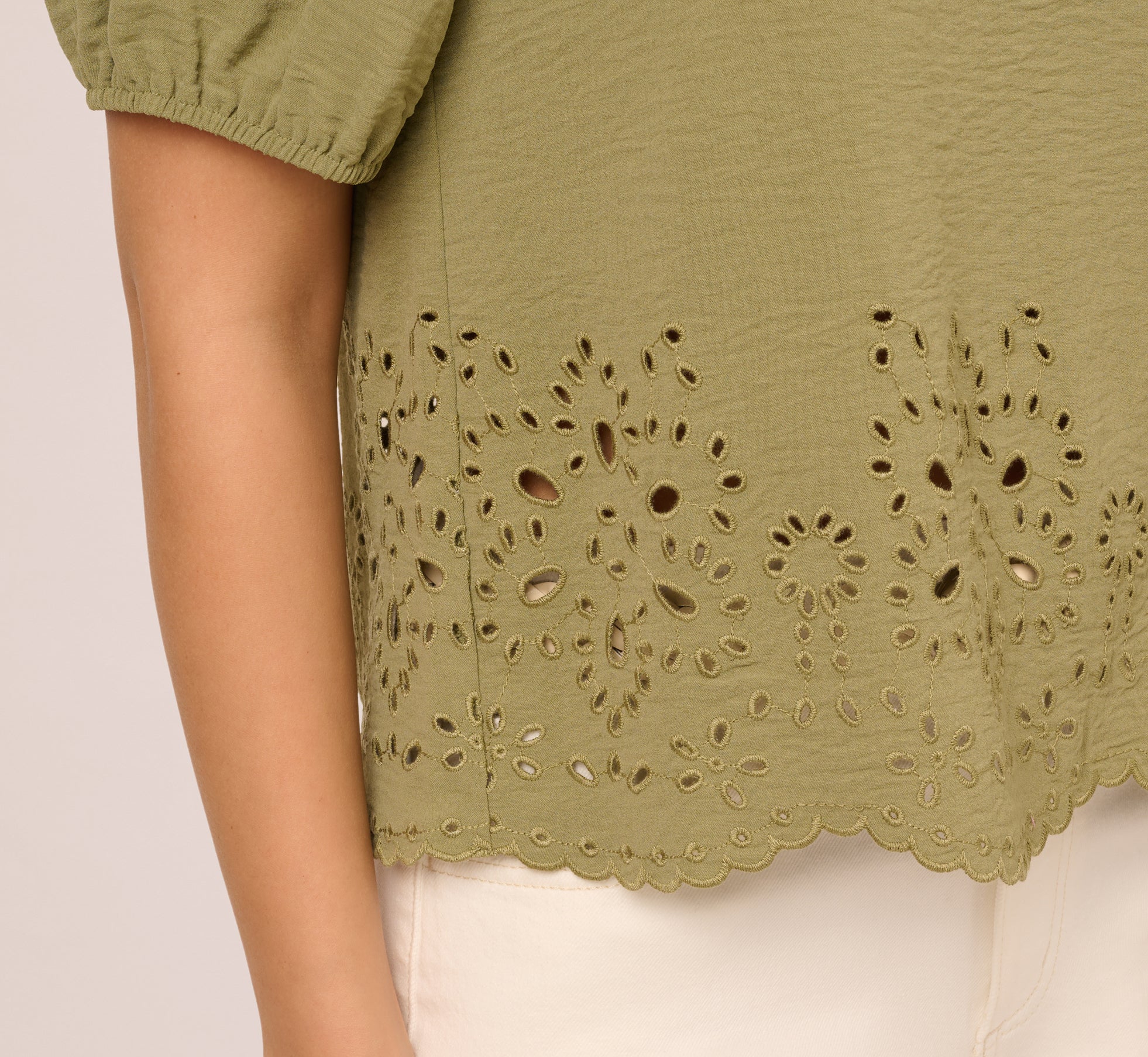 Short Sleeve Scalloped Eyelet Top In Oil Green、mySite、solidvoid