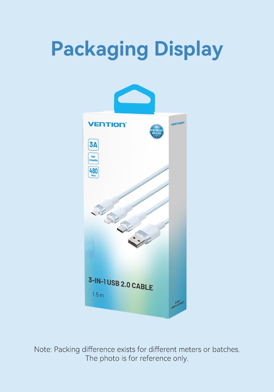 USB 2.0 A Male to 3-in-1 USB-C & Lightning & Micro-B Male 3A Cable