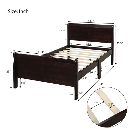 Wood Platform Bed Twin Bed Frame Mattress Foundation Sleigh Bed with Headboard/Footboard/Wood Slat Support、、casual