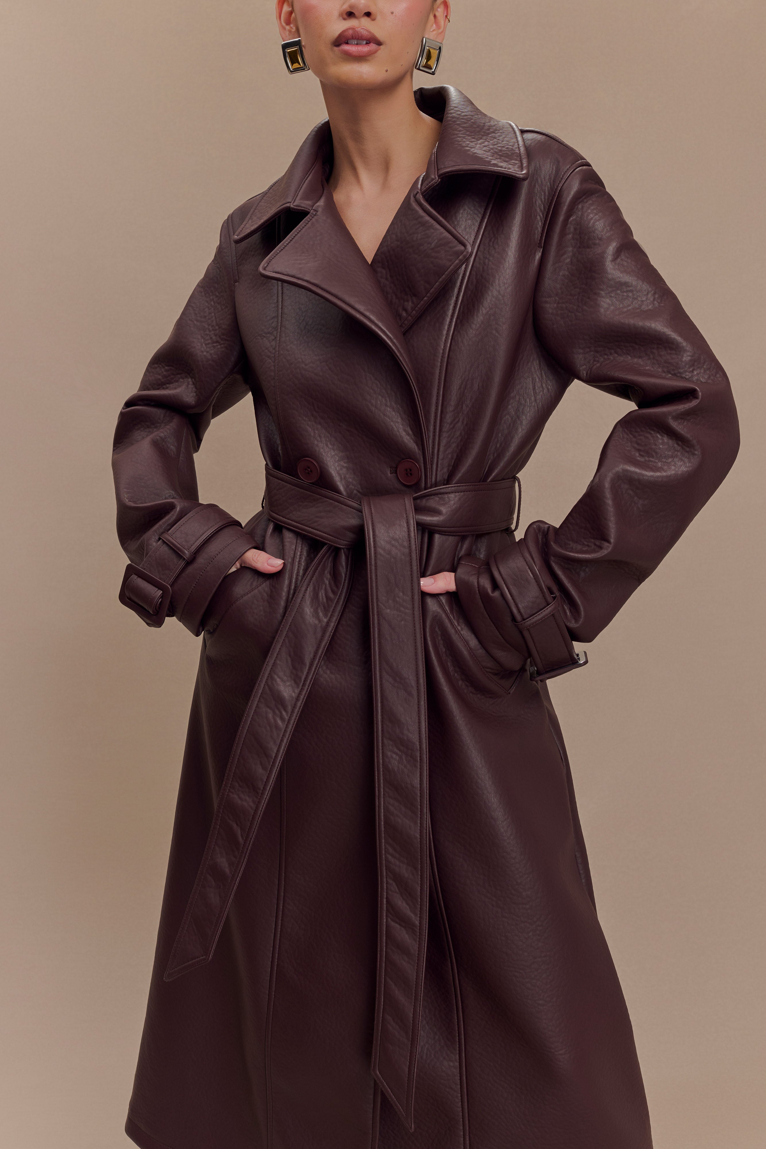 Tarah Faux Leather Trench Coat - Cacao Brown、mySite、solidvoid