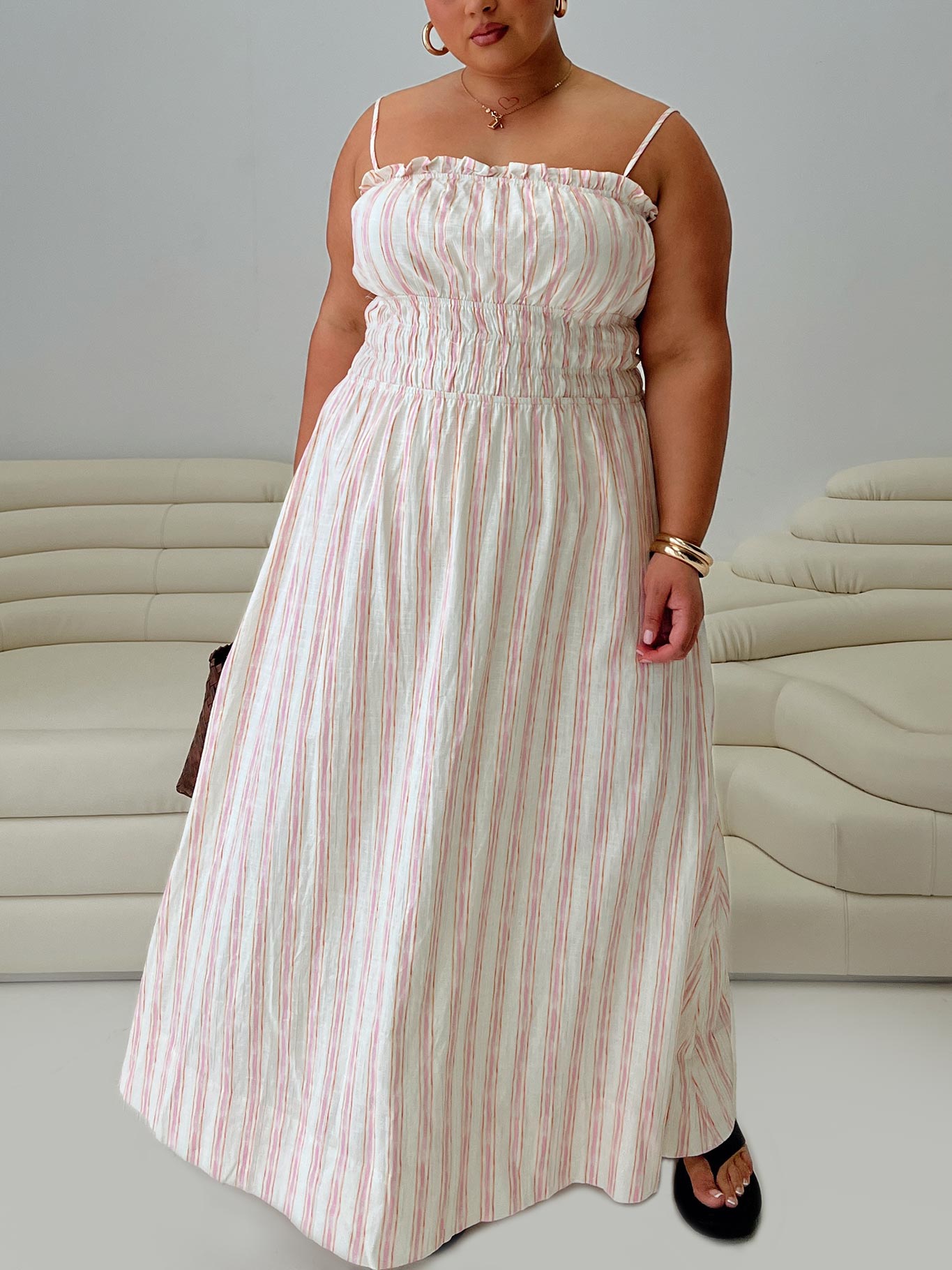 Persephone Shirring Linen Maxi Dress Pink Stripe Curve、mySite、solidvoid
