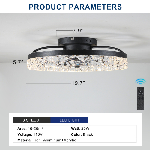 Modern Acrylic Ceiling Fan Light with Remote Control, Dimmable LED Chandelier, 6-Speed Adjustable, Quiet Motor, Flush Mount Design for Living Room, Bedroom, Dining Room、、eastwooduniform