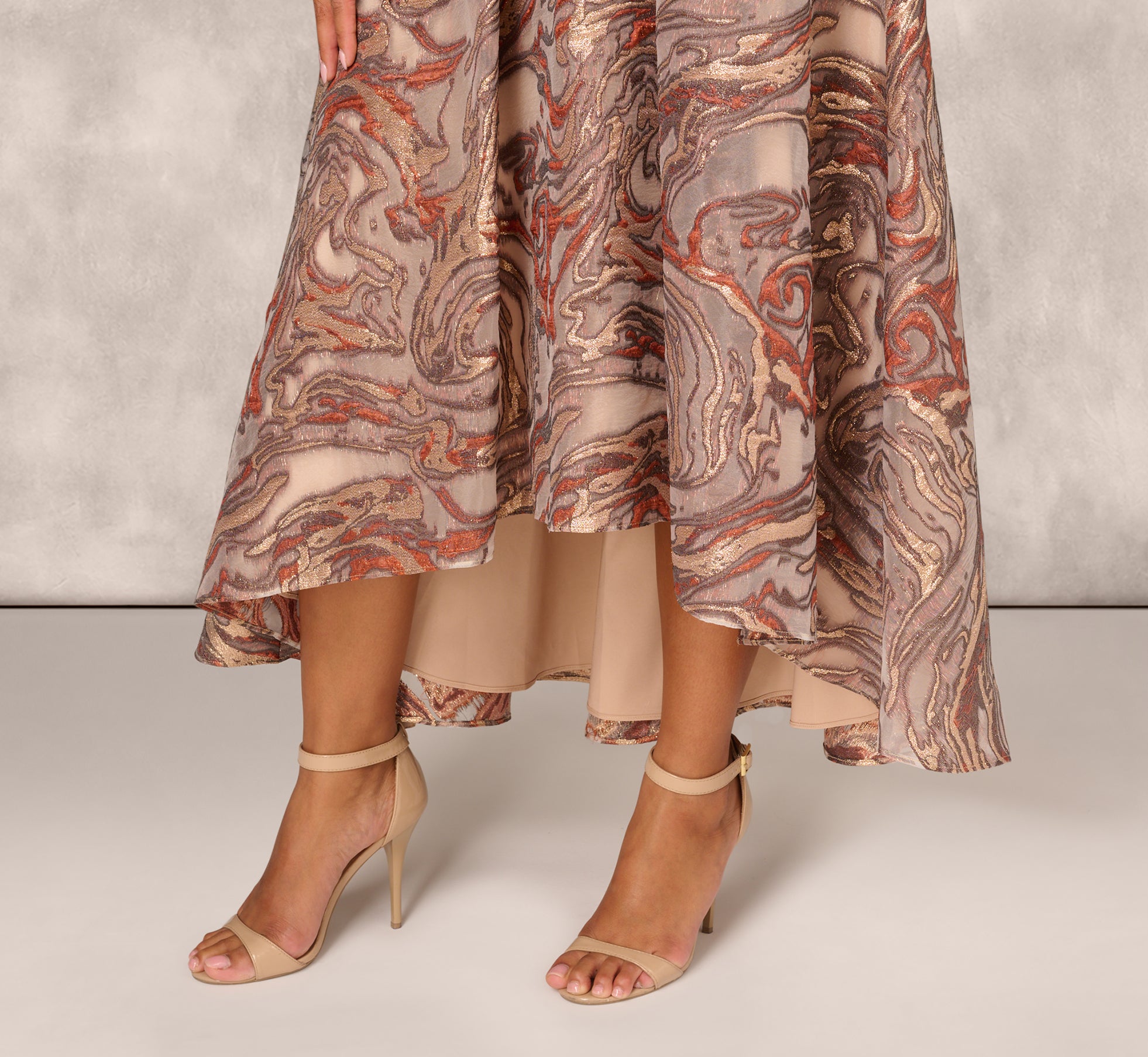 Clipped Jacquard High Low Gown With Ruffle One Shoulder Neck In Rust Multi、mySite、solidvoid