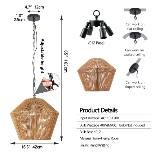 17" Boho Hemp Rope Pendant Light, Handcrafted Farmhouse Hanging Light Fixture for Kitchen Island, Dining Room, or Bedroom, Natural Finish, Adjustable Height (Bulb Not Included)、、eastwooduniform