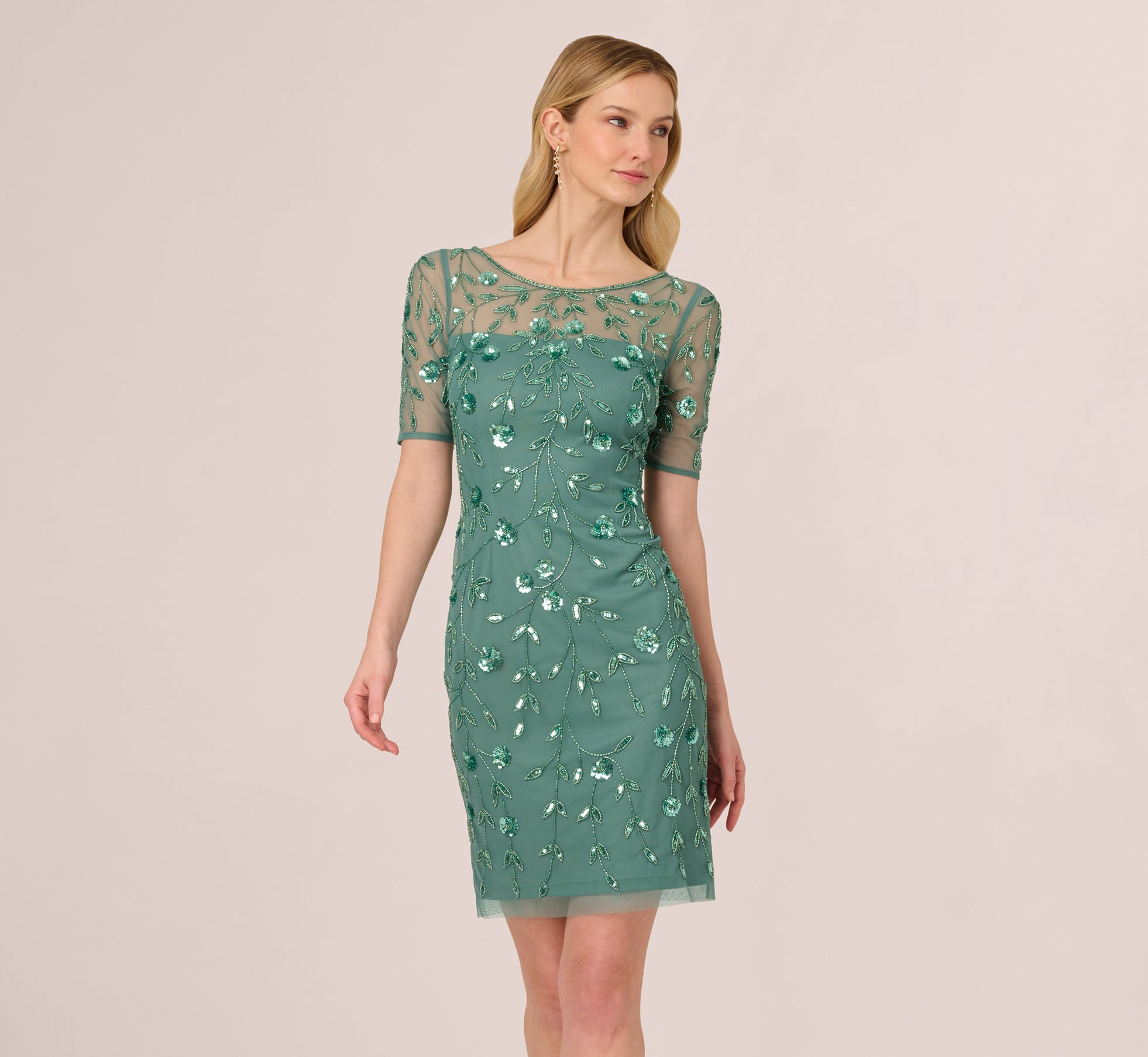3D Floral Beaded Dress With Sheer Short Sleeves In Green Slate、mySite、solidvoid