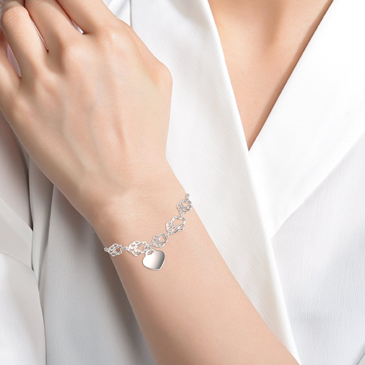 Pet Paw Bracelet with Heart Sterling Silver, Engraveable、mySite、g9winljtr