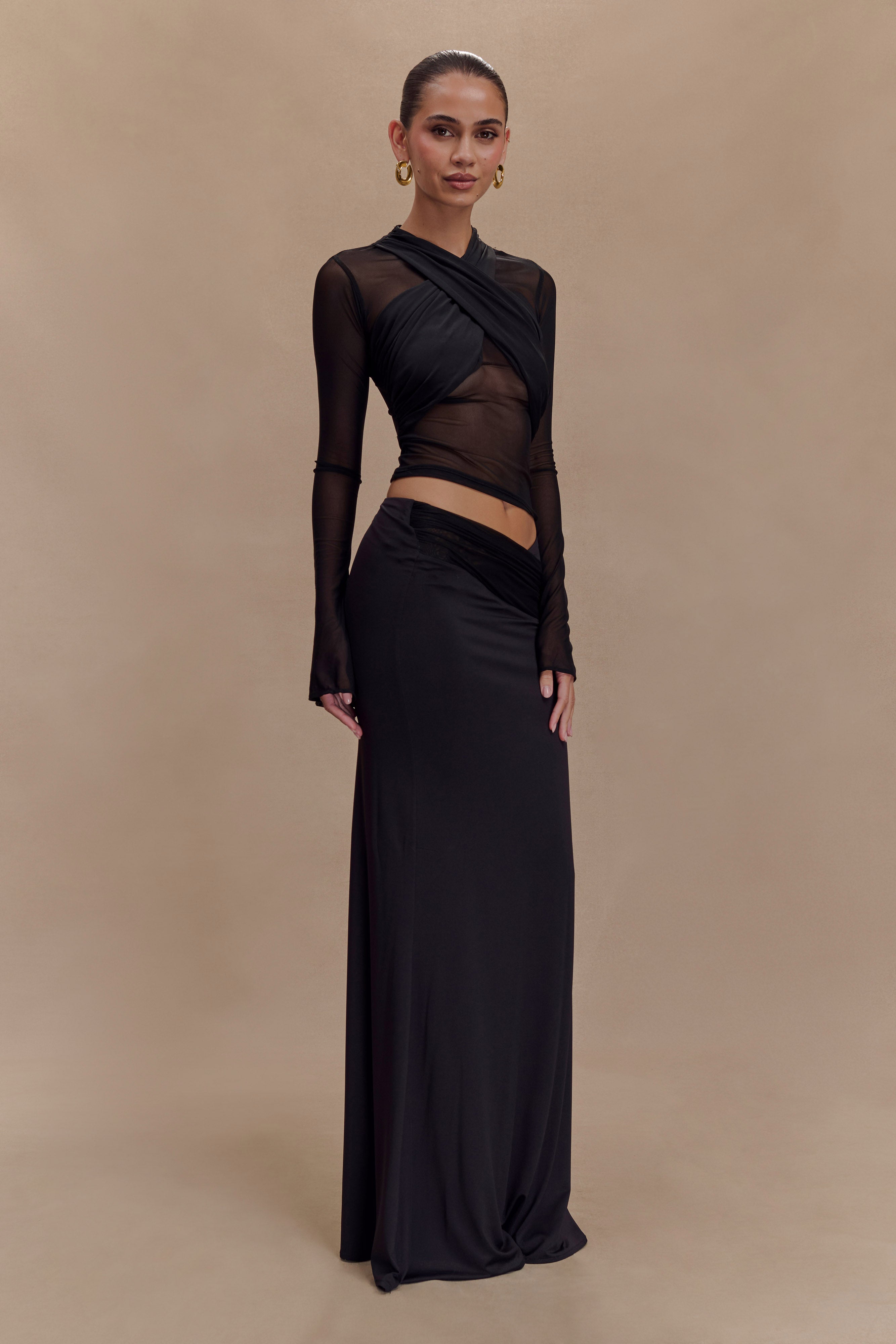 Tania Slinky And Mesh Long Sleeve Top - Black、mySite、solidvoid