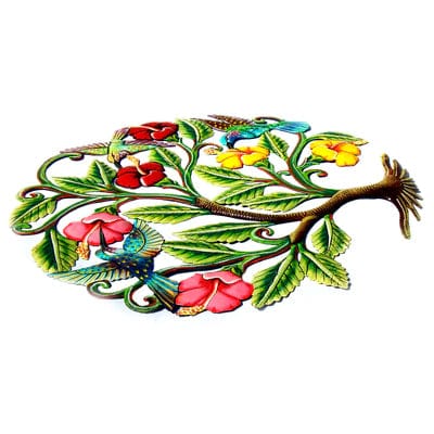 HUMMINGBIRDS AND HIBISCUS FLOWERS PAINTED HAITIAN METAL DRUM WALL ART, 24、mySite、g9winljtr