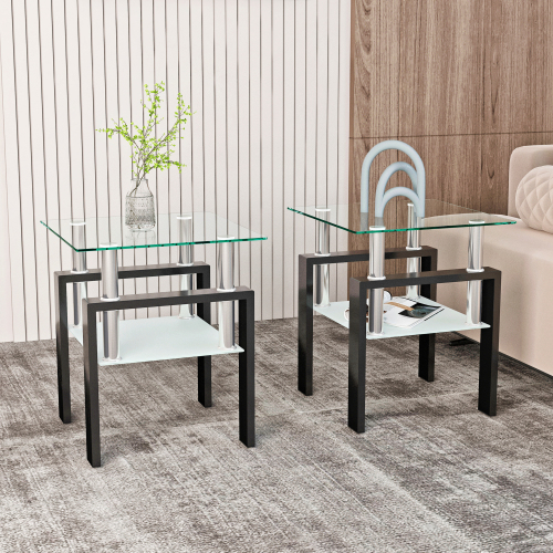 Set of 2, Modern Tempered Glass Tea Table Coffee Table End Table, Square Table for Living Room, Black、、casual
